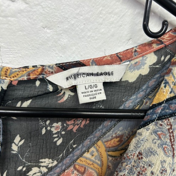 American Eagle Floral Patchwork Blouse L Sheer Boho Romantic Festival Chic - Picture 4 of 10